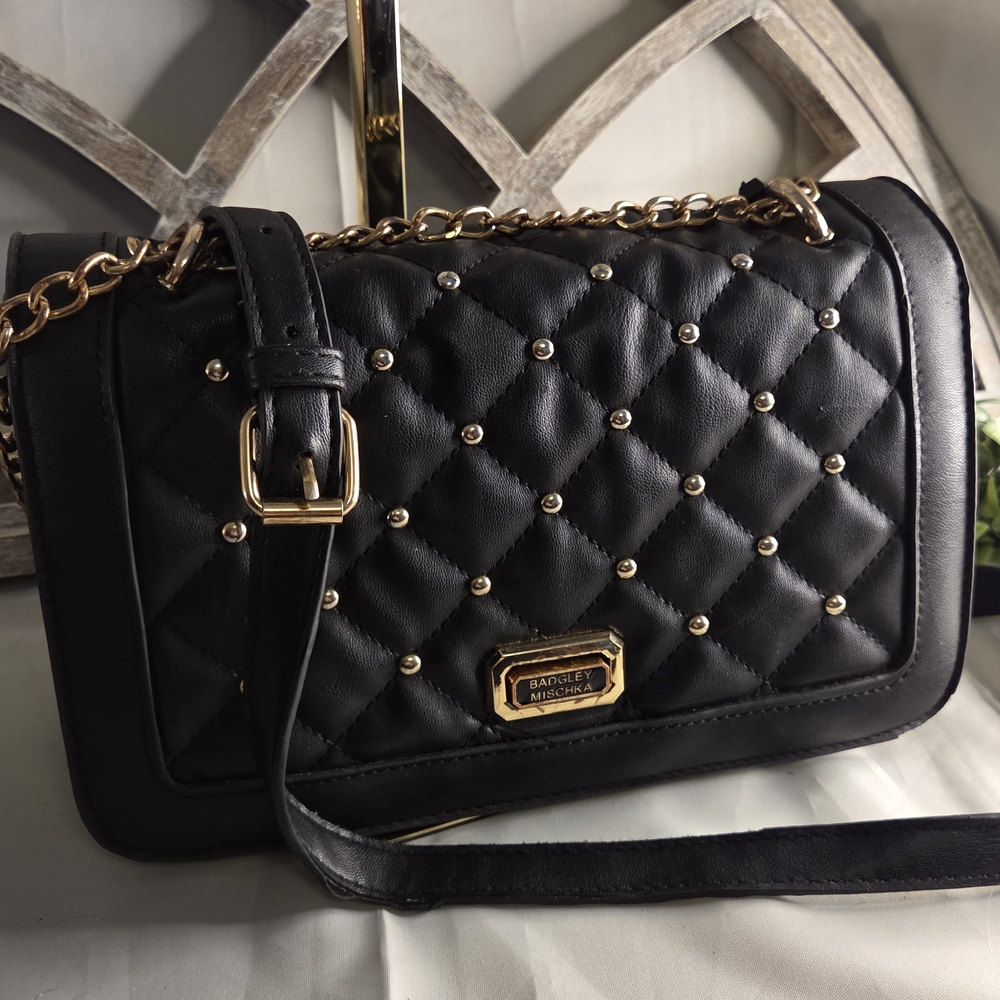Badgley Mischka Quilted Stud Crossbody – Black & Gold Glam, Small but Bossy